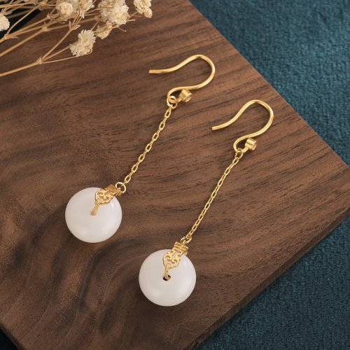 Brincos Donut de Jade Branco Natural, Banhados a Ouro 18K, Talismã, Presente para Mulher