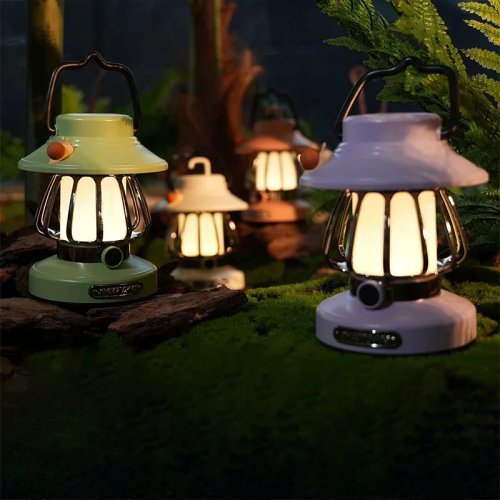 Lampu Camping LED USB-C Isi Ulang, Lampu Malam Retro Portabel 3 Warna dengan Peredupan Halus, Lampu Darurat Outdoor