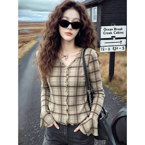 Women's Light Coffee Plaid Long-Sleeve V-Neck Mesh Top with Ruffle Trim & Flare Sleeves - Cropped Slim Fit Autumn Tee