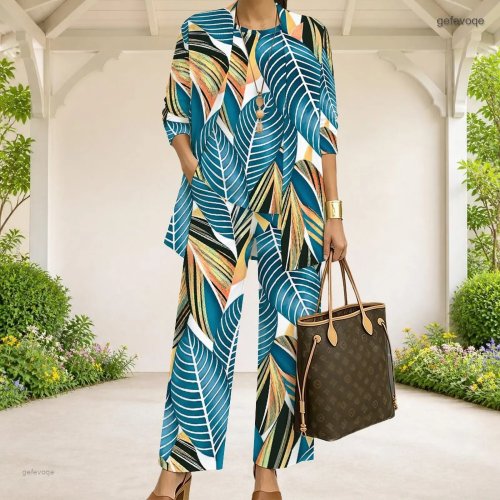 Women's Tropical Leaf Print 3/4 Sleeve Cardigan Tank Top Long Pants 3-Piece Set