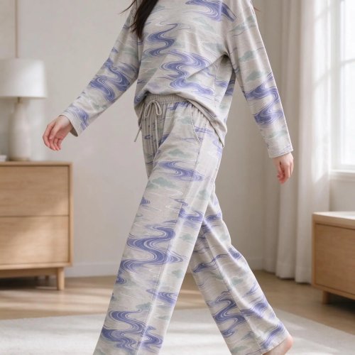 Conjunto de Pijama para Mujer de Algodón Imitación - Estampado Abstracto de Ondas Gris Azul, Cuello Redondo, Manga Larga, 2 Piezas Pijama y Ropa de Casa