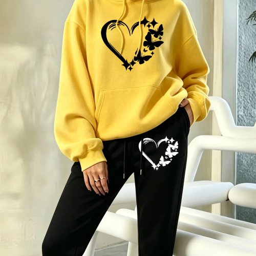 Set Hoodie & Celana Sweatpants Wanita Y2K - Print Love & Kupu-Kupu, Hoodie Fleece Tali Serut, Pakaian Musim Gugur Longgar, Celana Lembut