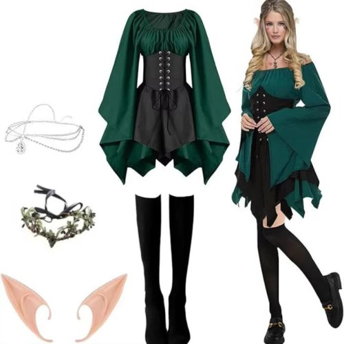 Ensemble costume cosplay fée elfe médiéval Victoria – Robe de princesse de la forêt éthérée pour fête d'Halloween