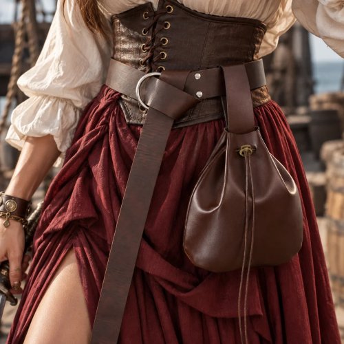 Đai lưng da PU phong cách trung cổ cổ điển kèm túi rút dây, đai eo dài phục hưng có túi treo cho cosplay cướp biển/phù thủy LARP