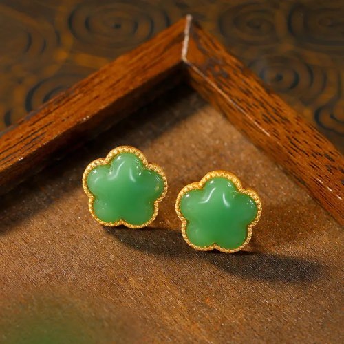 Grüne Natürliche Jade Kleeblatt Ohrstecker für Damen Vintage Glücksbringer Amulett Geschenk