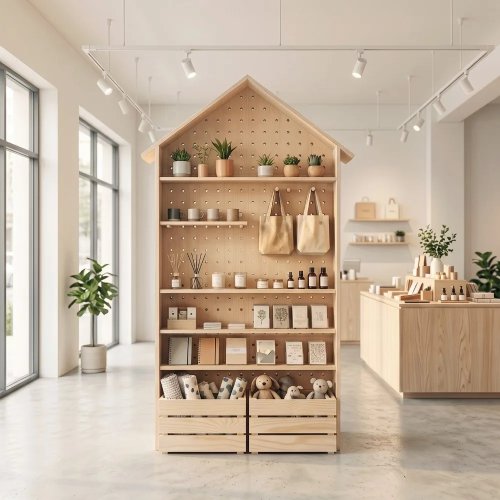 Vitrine en bois massif scandinave – Étagère minimaliste moderne pour musée, supermarché, supérette et bureau