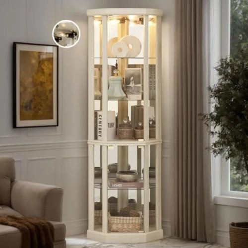Corner Curio Cabinet for Living Room, White Tempered Glass Display Cabinet with LED Lighting, 70 in Height, 5 Adjustable Shelves, Wine Storage