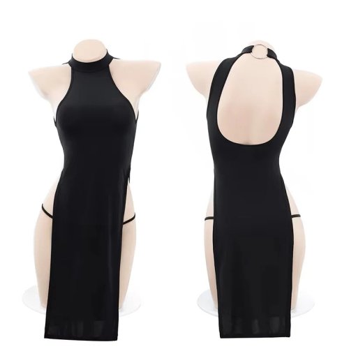 Sexy Damen Bodycon Kleid mit Seitenschlitz, ärmellos, Rollkragen, Schwarz – Club & Disco