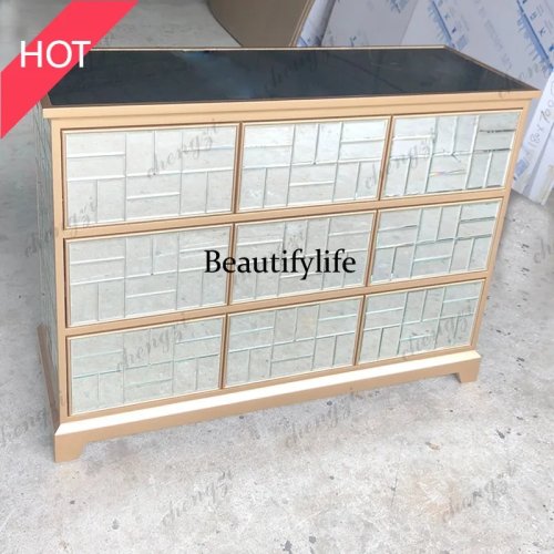 9344 Modern Light Luxury Storage Cabinet, Glass Side Cabinet with Mirror, 9-Drawer Living Room Locker