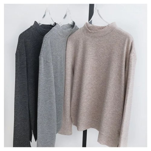 Dames longsleeve T-shirt met strepen in Koreaanse stijl – zachte, losse vintage top met hoge hals, casual herfst-/wintertop, S–4XL