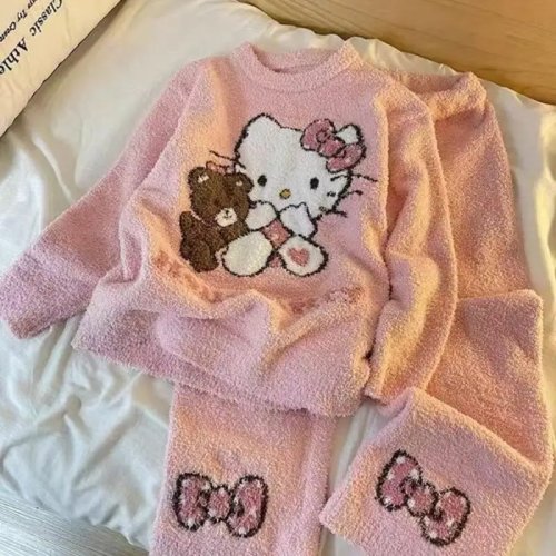 Hello Kitty Damen Pyjama Set 2026 Herbst Winter Halb Samt Verdickt Warm Süß Hausanzug Mädchen Cartoon