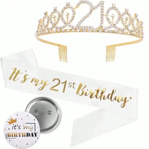 Set Corona e Fascia per 21° Compleanno, Corona in Cristallo Dorato, Fascia e Badge Compleanno, Decorazione Festa Unisex