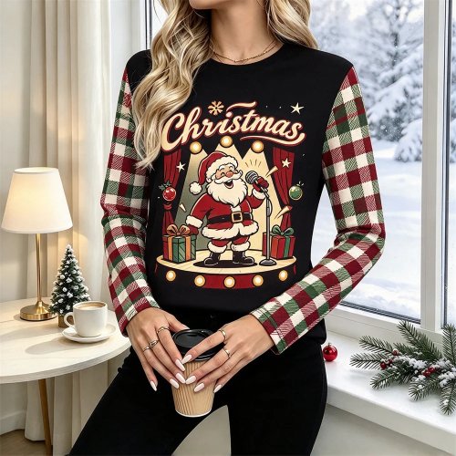 レディース クリスマス 長袖 Tシャツ サンタクロース プリント チェック柄 スプライス 丸首 ソフト 冬 クリスマスパーティー ギフト