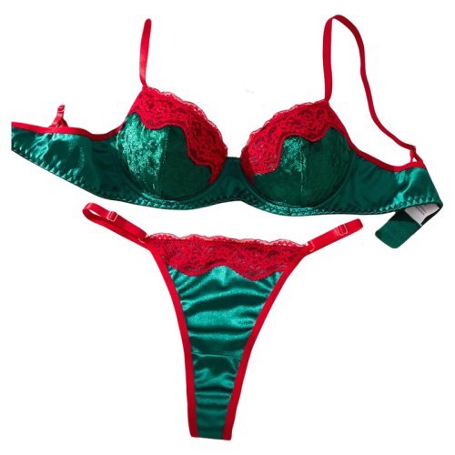 Conjunto de Lencería Sexy Navideña en Verde y Rojo, con Tanga y Brasier, Estilo Personalizado ZA825175
