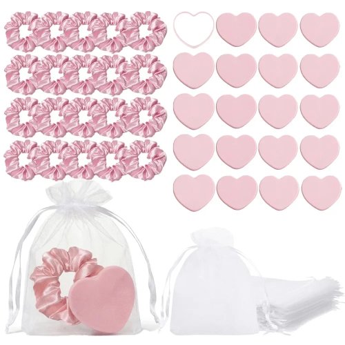 Set da 20 scrunchie in raso con specchietto a cuore e sacchetti in organza – Bomboniere per matrimonio, baby shower, bridal shower e addio al nubilato