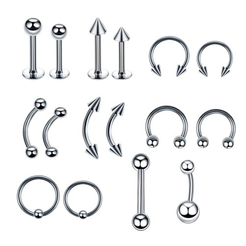 5/16 Pcs Stainless Steel Body Piercing Jewelry Set – Curved Nose, Ear, Belly, Lip, Tongue & Eyebrow Rings