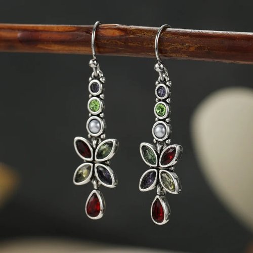 Boucles d'Oreilles Vintage Fleurs pour Femme Pendantes Zircon Synthétique Coloré Élégantes