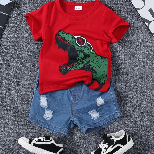 Ensemble d'été garçon 1-3 ans – T-shirt manches courtes imprimé dinosaure et short en jean
