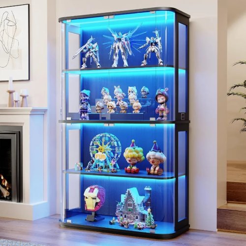 Vetrina espositiva arrotondata per negozi con porta in vetro temperato e luci LED, finitura bianca, a risparmio energetico