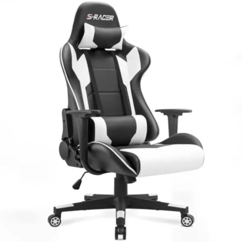 Ghế gaming và ghế văn phòng ergonomic da cao cấp, màu đen, điều chỉnh độ cao, tựa đầu và đệm lưng