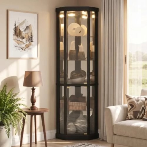 Vitrina esquinera para salón – expositor de cristal iluminado, puertas de vidrio templado, 5 estantes ajustables, bombilla incluida