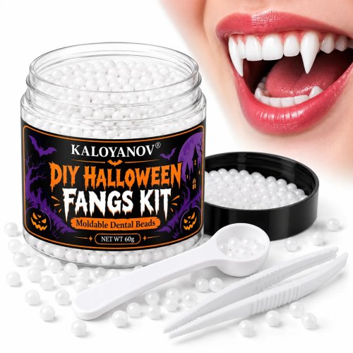 Kit de colmillos de Halloween DIY de 60 g, cuentas termoplásticas moldeables con cuchara y pinzas, set de disfraz de vampiro reutilizable para cosplay