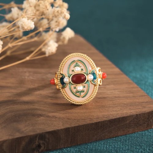 White Natural Jade Flower Ring, Carved Gemstone Lucky Charm, Adjustable Vintage Jewelry