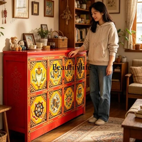 Armadio santuario buddista tibetano dipinto con otto tesori, mobiletto contenitore retro stile cinese