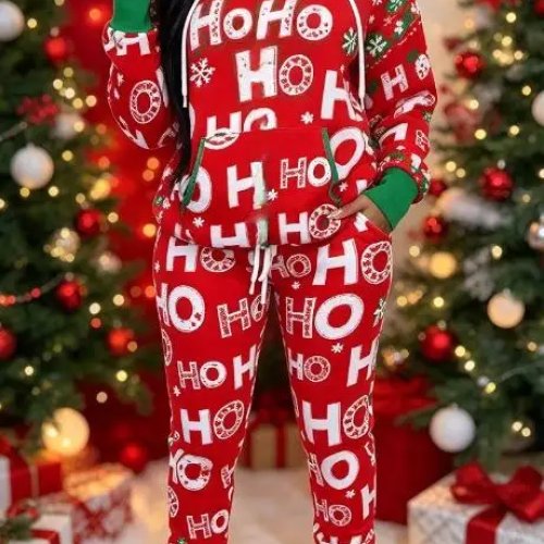 Zestaw 2-częściowy z grafiką Merry Christmas, damska bluza z kapturem na sznurku i spodnie jogger na elastycznym pasie