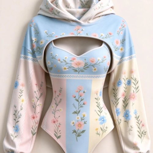 Bodysuit Hoodie Wanita Lengan Panjang Double Hood Motif Bunga Pastel Color Block Hollow Out