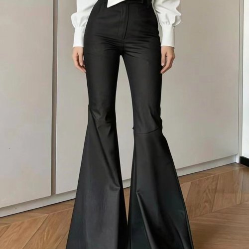 Pantalón de mujer elegante de talle alto y pierna ancha, casual de otoño, largo, favorecedor, negro acampanado