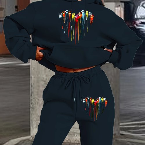 Conjunto 2 Piezas 2026 Mujer Sudadera y Pantalón Deportivo Estampado Corazón Grafiti Manga Larga Con Capucha Casual Elástico Loungewear