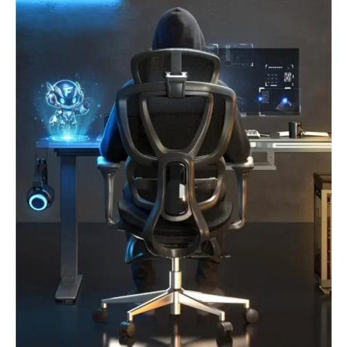 Sentinel Premium エルゴノミクスゲーミングチェア メッシュ背もたれ＆PUレザー座面 ブラック×グレーステッチ ランバーサポート付き