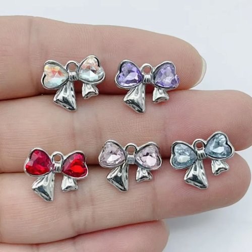 10 uds. Dijes de Plata Lazo Corazón Strass Aleación Colgantes para Bisutería DIY Collar Pulsera