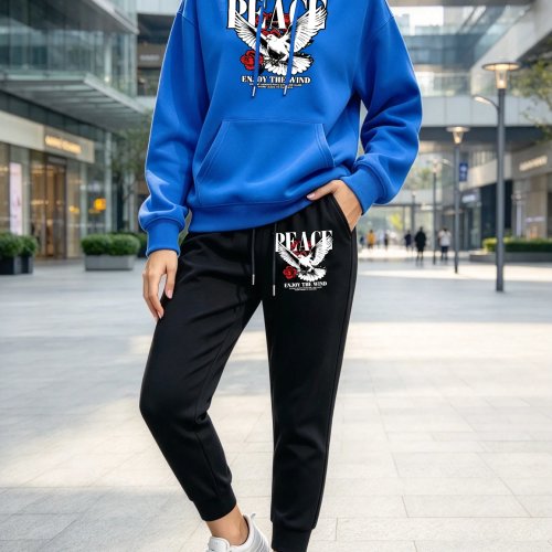 Ensemble hoodie et pantalon de jogging femme Y2K – Imprimé Peace Dove Rose Wind, pull polaire, poches, coupe ample, automne décontracté