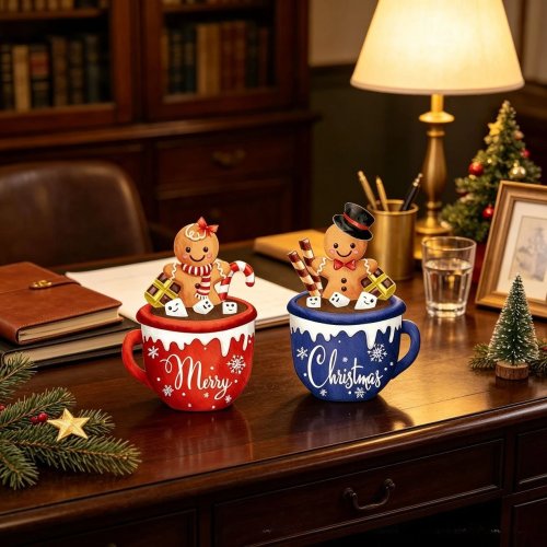 Schattige Peperkoekmannetje in Mok Kerstornament Harsen Figuur Rode Blauwe Theekopjesvorm Kerstdecoratie Feestcadeau