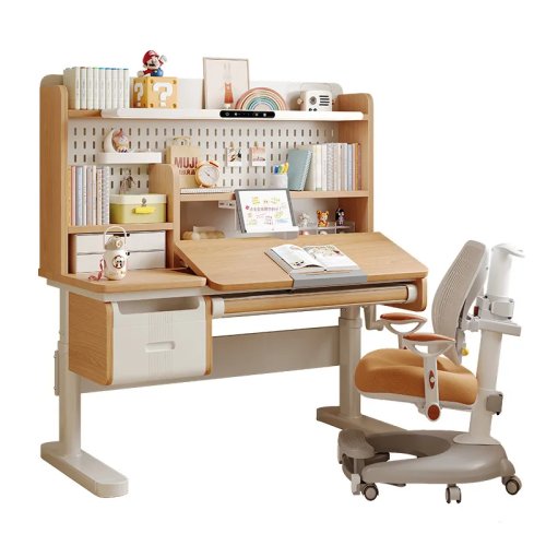 Scrivania da studio in legno massello, tavolo da scrittura regolabile per studenti con lampada protezione occhi, scrivania, libreria e sedia integrati