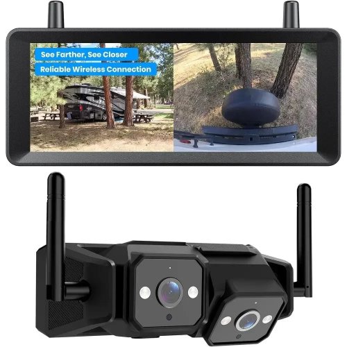 Kamera Mundur RV Nirkabel: Lensa Ganda Tampilan Jalan & Bemper, Antena Ganda, Tampilan Langsung Lancar, Monitor DVR 7,2" 1080P, Night Vision IR