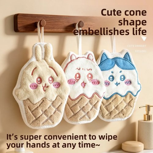 Serviette à main suspendue mignonne Usagi & Hachiware en cornet de glace – Chiffon absorbant en polaire coral pour cuisine et salle de bain, cadeau pour filles