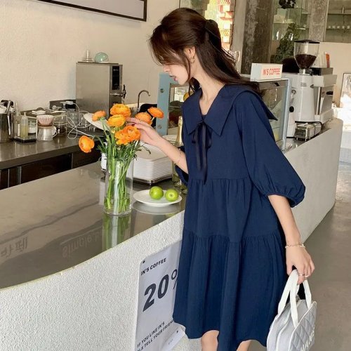 Gaun Mini Vintage Berlipit dengan Tali Renda, Lengan Pendek, Warna Solid, Kasual ala Korea untuk Wanita