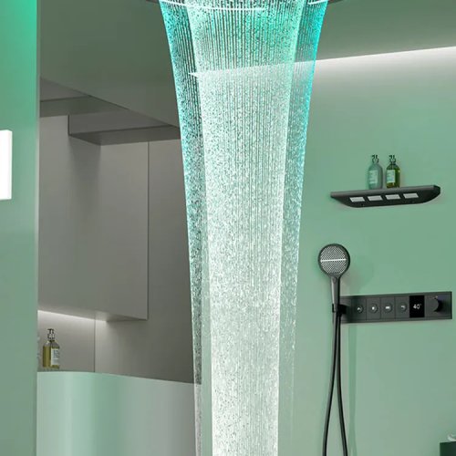MYN Set Doccia da Parete a Scomparsa con Soffione, Termostatico con Display Digitale, Ottone e Luce Ambientale per la Casa